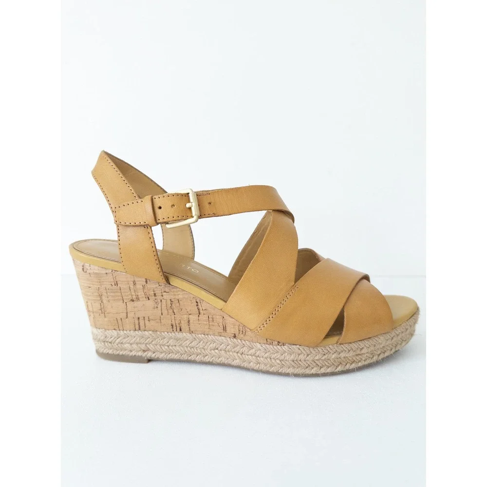 Franco Sarto Kelsy Wedge Sandals Womens 9M Tan Leather Cork Espadrille Boho